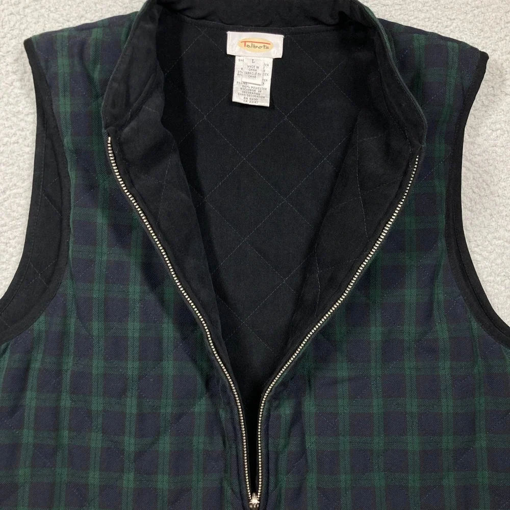 Talbots Quilted Vest Womens‎ Large Green Navy Zip Up Tartan Plaid Hiking Preppy